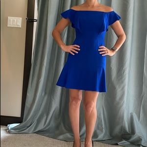 Bright Blue off the shoulder BCBGmaxazria dress.